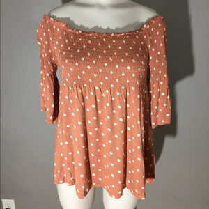 Rewind Smocked Off The Shoulder Polka Dot Top M